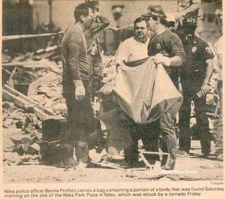 Niles Police Officer Bernie Profato, first responder, at the Niles Park Plaza site.