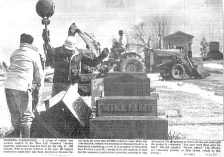 Righting tombstones – a group of retired iron workers labored in the Niles Cemetery repairing tombstones knocked down by the May 31,1985 tornado.