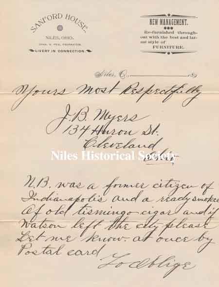 A letter mailed September 24, 1895 with the letterhead of the Sandford House.