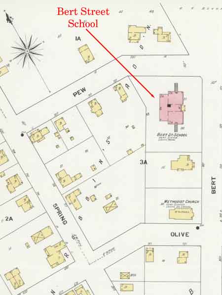 Location of Bert Street School as indicated in the 1909 Sandborn Fire map.