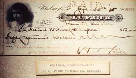 $50,000 check donated by Henry Clay Frick.