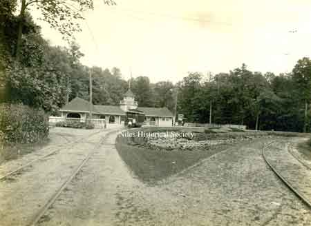 A view of the streetcar lines and admission gates at Riverside Amusement Park on the southwest corner of Route 46 and Salt Springs Road when streetcars were popular in the late 1880's and early 1900's.