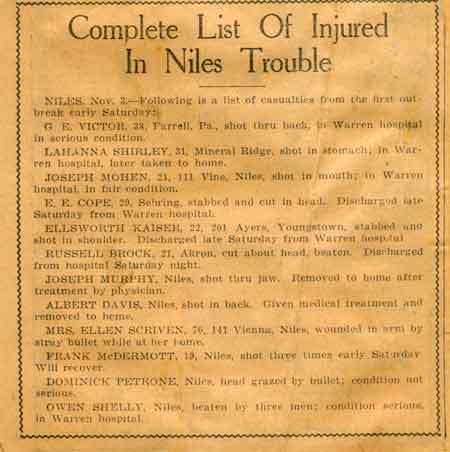 Complete list of injured in Niles Trouble.