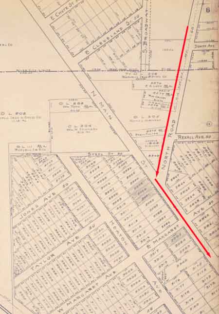 map shows the path the KKK would march from their encampment on North Road.