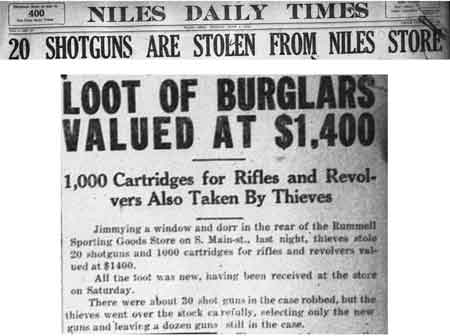 Rummel Sporting Goods Store broken into and thieves take 20 shotguns, 1600 cartridges for rifles and revolvers valued at $1400.
