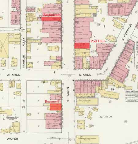 Map showing possible locations of the restaurant and pool hall where Frank McDermott was before he ran to the car at Rummell's Sport Shop.