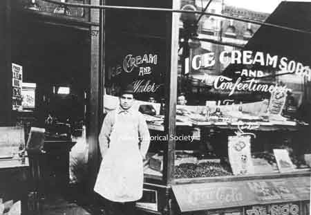 1914- James Sandfry's Chocolate Shop. It was located at 57 Furnace(State) Street opposite the old Post Office. Valsi Dry Cleaners was the last occupant of the building. Mr. Sanfry was a lifelong resident of Niles and lived on West Park Avenue until his death in 1974 at the age of 85.