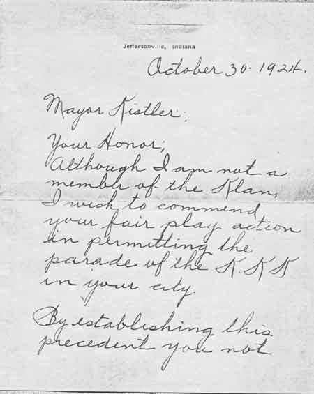 Letter to Mayor Harvey Kistler Praising 'His Fair Play'.