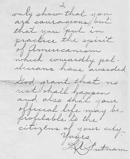 Letter to Mayor Harvey Kistler Praising 'His Fair Play'.
