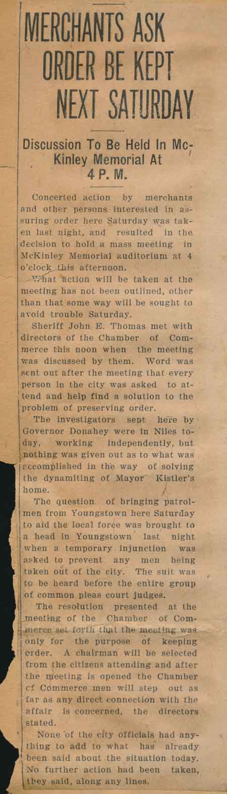 On October 30th a meeting was held at the McKinley Memorial. Sheriff Thomas announces it and invites all to attend no matter what race, political view, or religion. Hope was for peace.