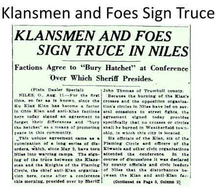 Klansmen and Foes Sign Truce in Niles.