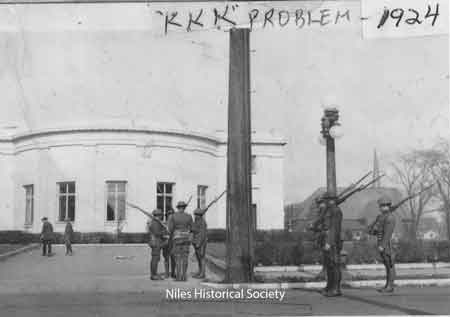 Armed National Guard troops were positioned at the McKinley Memorial to maintain the peace after the two factions, the KKK and Knights of the Flaming Circle, confronted each other at the intersection of East Federal and Main Streets around 11:30 - 2:30 pm on Saturday, November 1st, 1924.