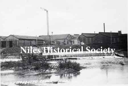The car barns were located on the west side of Mosquito Creek just above the dam. The entrance to the barns was off Robbins Avenue.