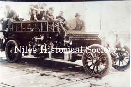 Niles Fire engine #1 inside fire station.