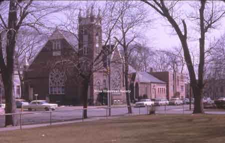 A view of the of First Christian Church, built on the corner of Arlington and Church Streets