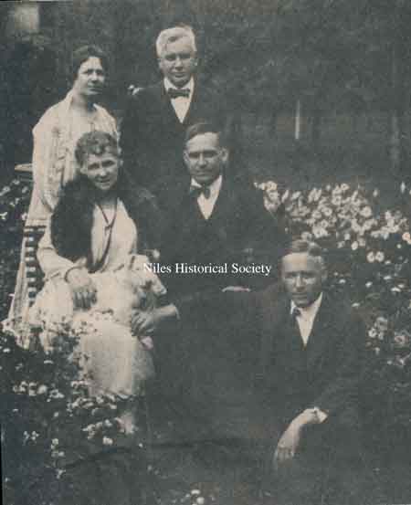 The Stevens family members had their photograph taken in the flower garden of the family home in Niles, Ohio. Standing, left, is Annie Stevens Rose, Standing, right, is Harry M. Stevens. Seated, left to right, are: Mary Stevens (Harry’s wife), Joseph B. Stevens Jr. and William H. Stevens Sr.