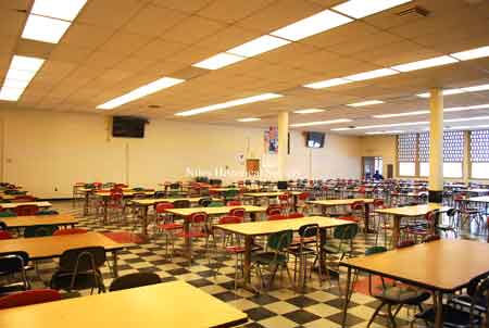 Cafeteria looking toward library wall.