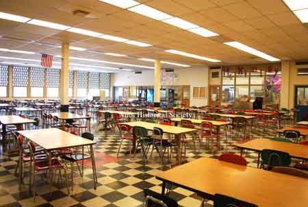 Cafeteria looking toward food line.