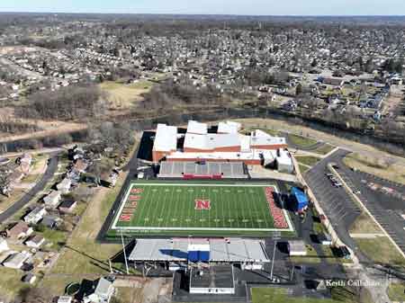 Aerial view of Niles McKinley High School complex and football stadium.