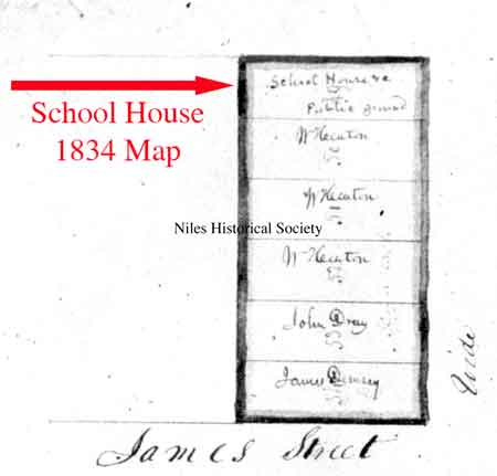 Close-up of the 1834 Heaton Village map shows the platting of lots along North Main Street and James Street(now Park Avenue).