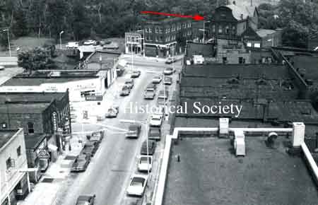 aerial view of Park Avenue shows the corner of Park Avenue and State Street with the Mango Building in back right with the Commercial Hotel to the left.