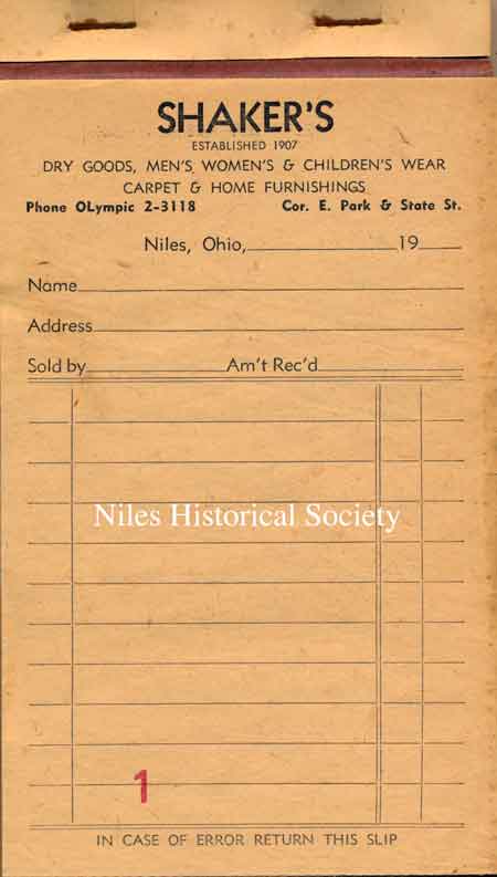 Samples of receipts from Shaker's Store