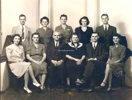 Front: Jessie Kines, Mary Gobisch, George and Anna Sisco, George Jr., Helen Nestor. Back: Steve Sisco, Ethel Senko, Julie Yakop, Nancy Pietrouski, and Frank Sisco. ca 1940.