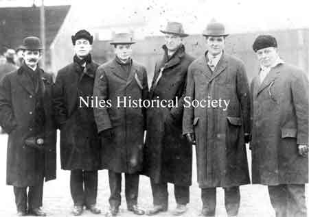 Football fathers of 1914 taken at the Meadville vs Niles game. LtoR: Charles Stevens, Ed Gilbert, Dave Thomas, Fred Stein, W. Jones, Tom Hall (former mayor of Niles).