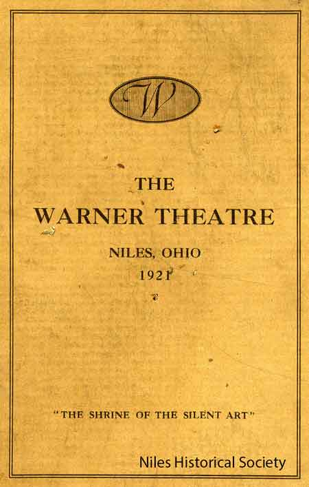 Cover of opening program for the Warner Theatre in Niles, Ohio. 1921