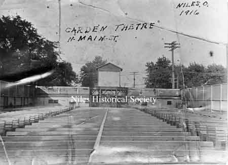 The Garden Theatre was a forerunner of the modern drive-in theatre. Movies were shown in the evening, weather permitting. It was located on North Main Street about where Sparkle Market is now (2001).