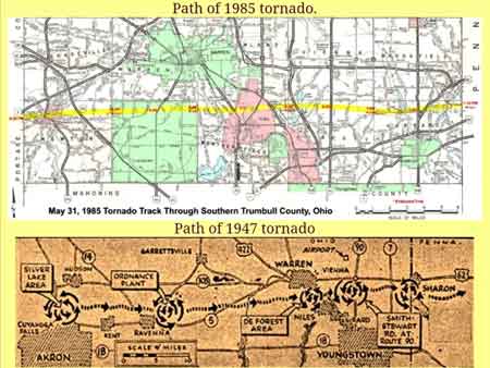 June 7th 1947 an F4 tracked through Trumbull County Ohio, then in 1985 the Niles/ Wheatland F5 tornado took almost the exact same path 38 years later, with one week off of the exact same month and day.