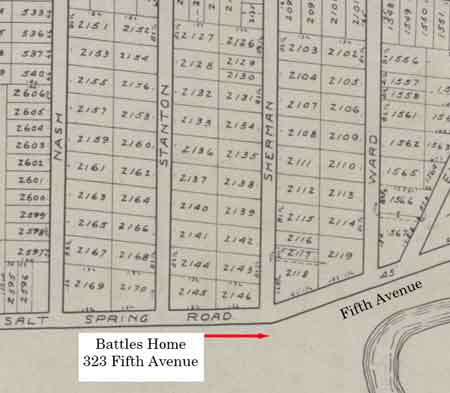 1918 map showing the location of the John Battles home on Fifth Avenue.