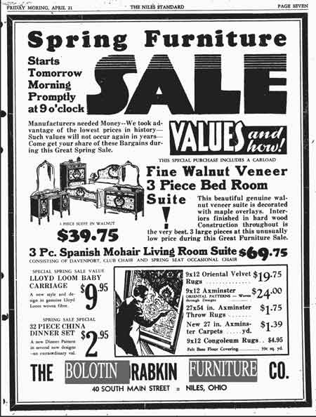 Advertisement in the Niles Standard newspaperfor the Bolotin-Drabkin Furniture Company located at their new location, 40 South Main Street.
