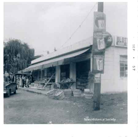 The market was a combination open-air market with many items such as flower baskets sitting on the ground, inside a variety of fruits and vegetables were displayed on tables.