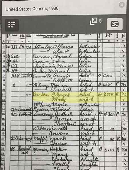 United States Census, 1930, lists George and Mary Barker owners of building worth $8,000.