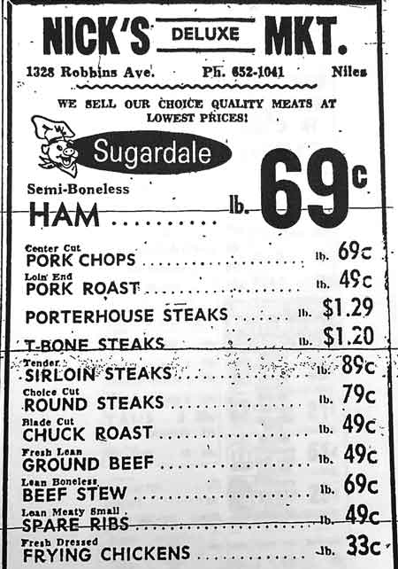 Compare the food prices at Barker's grocery store (1934-40) to the food prices at Nick's Deluxe Market (1964-1974).