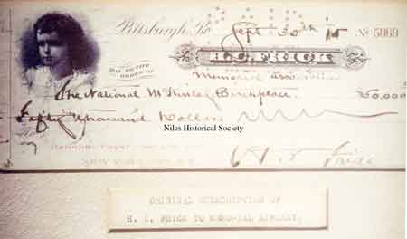 A photo of the original subscription to the McKinley Memorial for the establishment of a library in the building by Henry Clay Frick a prominent industrialist of the times.