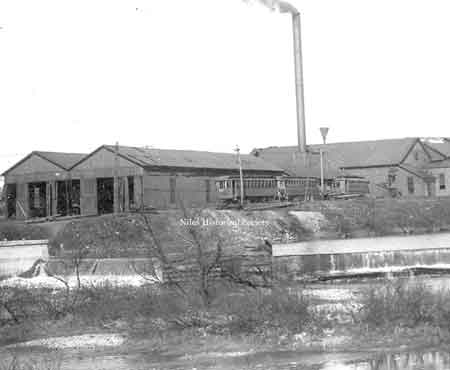 View of the Interurban streetcar barns and Heaton’s dam across the Mosquito Creek