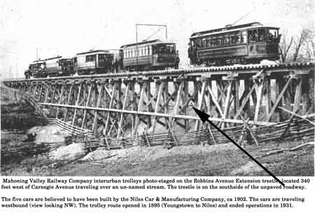 Photo of five Mahoning Valley interurban trolleys on the Robbins Avenue trestle.