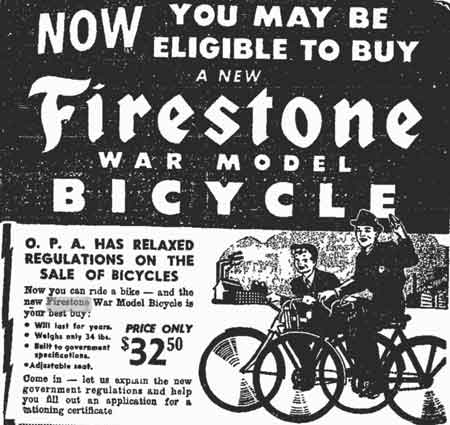 Ad for Firestone War Model Bicycle, 1943.