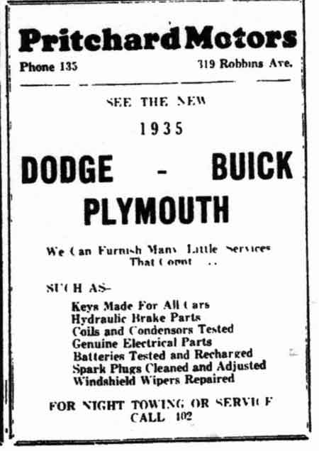 1935 Pritchard Motors Advertisement