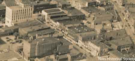 Close-up view 1934 aerial view of Downtown Niles, with the Hartzell Building shown in bottom center of image.