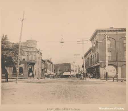 View of the Hartzell Building at corner of South Main Street and Mill Street (East State Street).