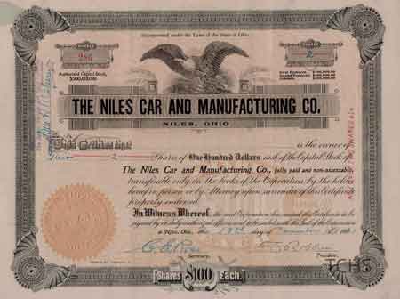 Niles Car and Manufacturing Company stock certificate valued at $100/certificate.