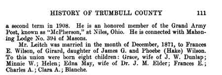Pages 110 and 111 in the History of Trumbull County lists this information about John G. Leitch.