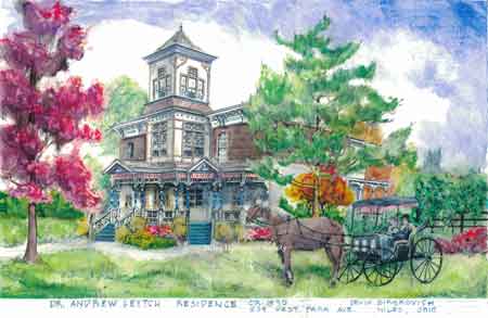 Drawing by David Birskovich of the A.J. Leitch residence taken from the original photograph donated by Elizabeth Rowan.