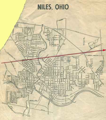 The Niles Ohio map shows a straight red line indicating the path of the 1985 Tornado.