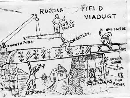 Drawing of workers on the Russia Field viaduct