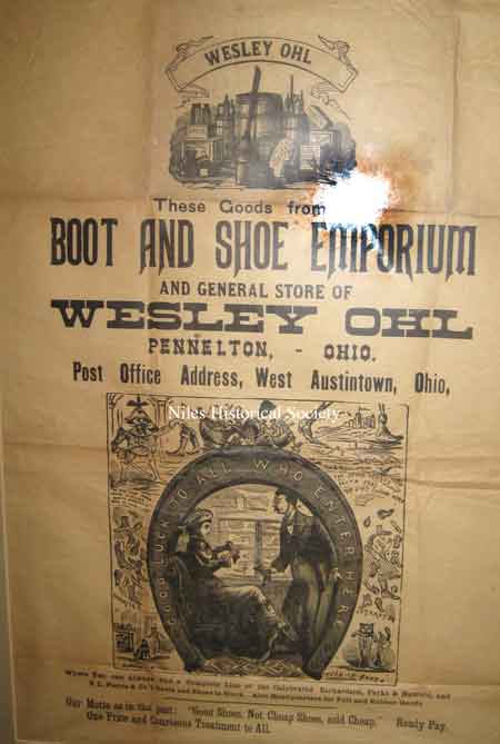 An advertisement for Wesley Ohl’s Boot and Shoe Emporium located in Pennelton, Ohio, which is now called West Austintown.