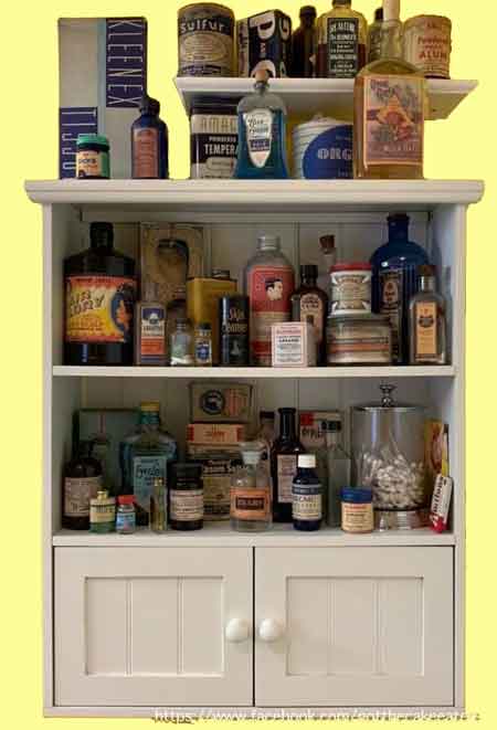 Bathroom detail: Giant pile of vintage medicine